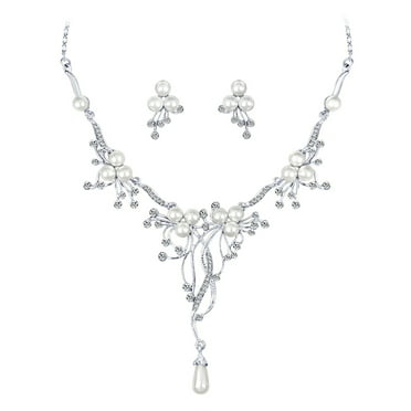 Wedding Faux Pearls Rhinestone Necklace Water Drop Earring Jewelry Set Pip